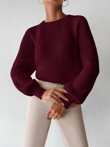 EURMUSE Women's Casual Solid Color Raglan Sleeve Sweater, Autumn - Burgundy - View 5
