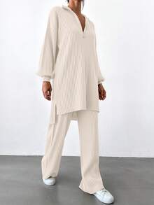 EURMUSE Women's Casual Solid Color Knitted Sweater And Pants Two Pieces Set, Autumn/Winter - Beige - View 6