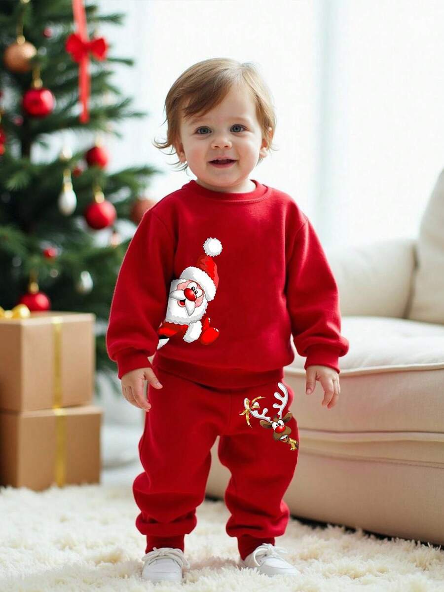 1 套小男孩圣诞节可爱圣诞老人和驯鹿图案圆领长袖运动衫和运动裤套装，圣诞装，秋冬，红色 - 彩色 - 查看 1