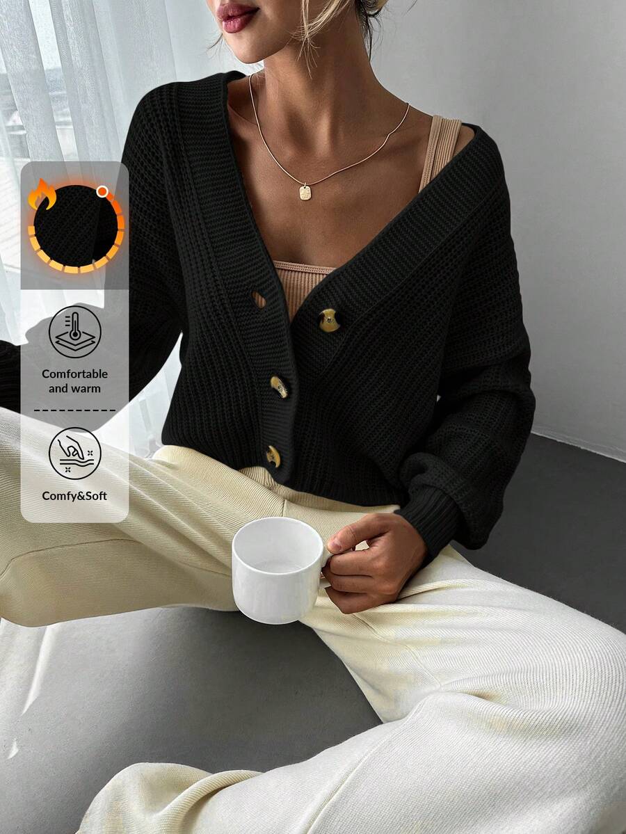 EURMUSE Women's Open Front Cardigan With Front Button And Drop Shoulder - Black - View 1