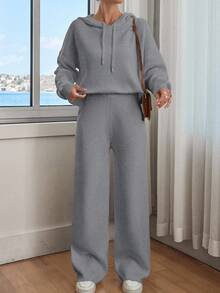 EURMUSE Conjunto de sudadera con capucha de hombros caídos y pantalones de unicolor para mujer - Gris - Ver 4