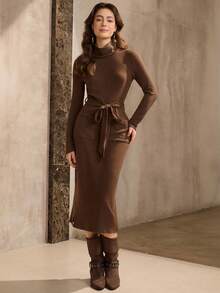 Wildy American Street Fashion High Neck Fitted Waist Pocket Dress, Suitable For Airport, Home, And Outdoor Wear