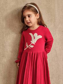 SHEIN Girls Floral Print Round Neck Long Sleeve Maxi Sweater Dress, Red - Red - View 5