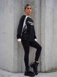 SAYEHFBABY Women's Fall/Winter Streetwear Basic Athleisure Preppy Graphics Color-Blocked Long Sleeve Sweatshirt,Long Sleeve Tops - Black - View 6