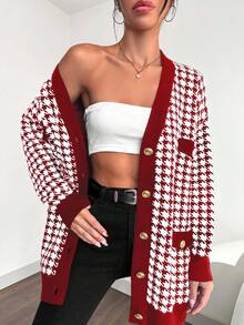 EURMUSE Women's Button-up Cardigan With Houndstooth And Contrasting Stripes - Red - View 3
