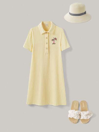 Joliand Joliand 1 件 Tween Girls 优雅城市可爱棕榈树印花宽松 Polo 领短袖连衣裙，休闲日常穿着，适合外出、聚会、派对、夏季和秋季