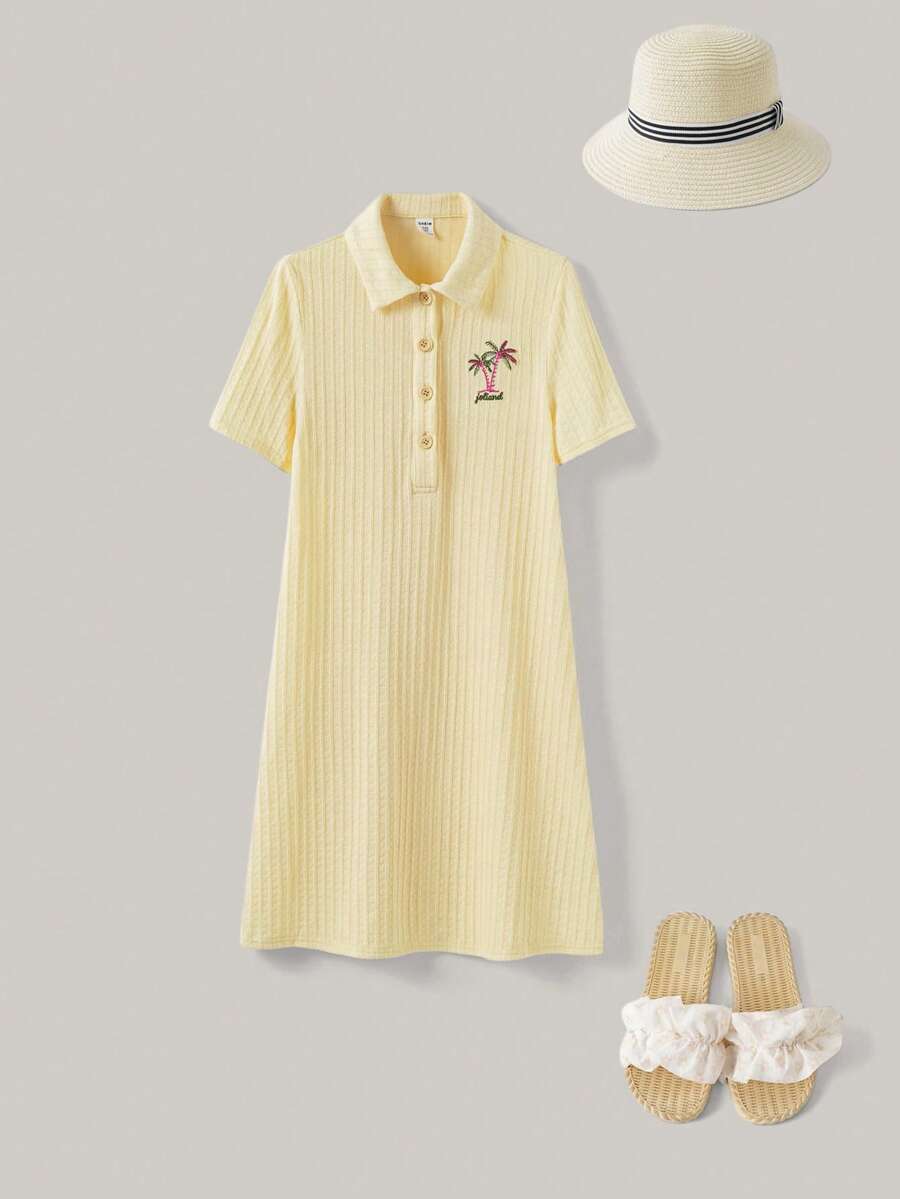 Joliand Joliand 1 Pc Tween Girls Elegant City Cute Palm Tree Printed Loose Fit Polo Collar Short Sleeve Dress, Casual Daily Wear, Suitable For Outings, Gatherings, Parties, Summer & Autumn Yellow For Girl Polo Dress Kids Casual Dresses For Girls Girls Polo Dress Back To School  School  Clothes School Supplies