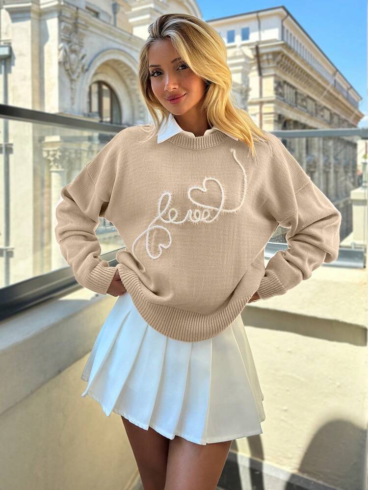 EURMUSE Casual Contrast Color Love And Heart Shape Pattern Embroidery Crew Neck Cute Sweater - Beige - View 3