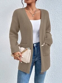EURMUSE Dual Pocket Drop Shoulder Open Front Cardigan - Light Grey - View 4