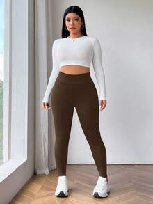 SHEIN EZwear Plus Size Women's High Waist Thick Warm Leggings For Autumn And Winter Thermal