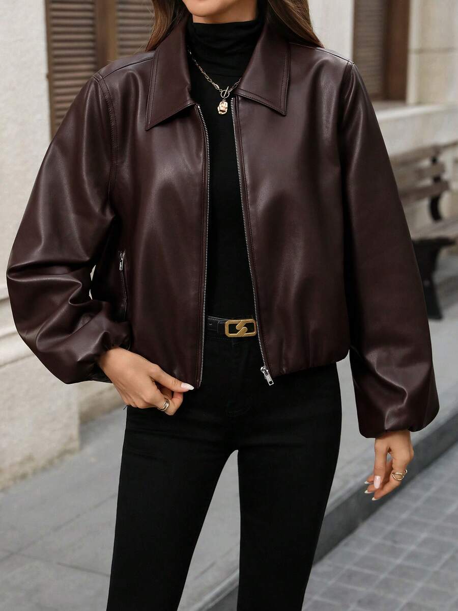 EMERY ROSE 女式街头时尚PU拉链长袖夹克 - 棕色 - 查看 1