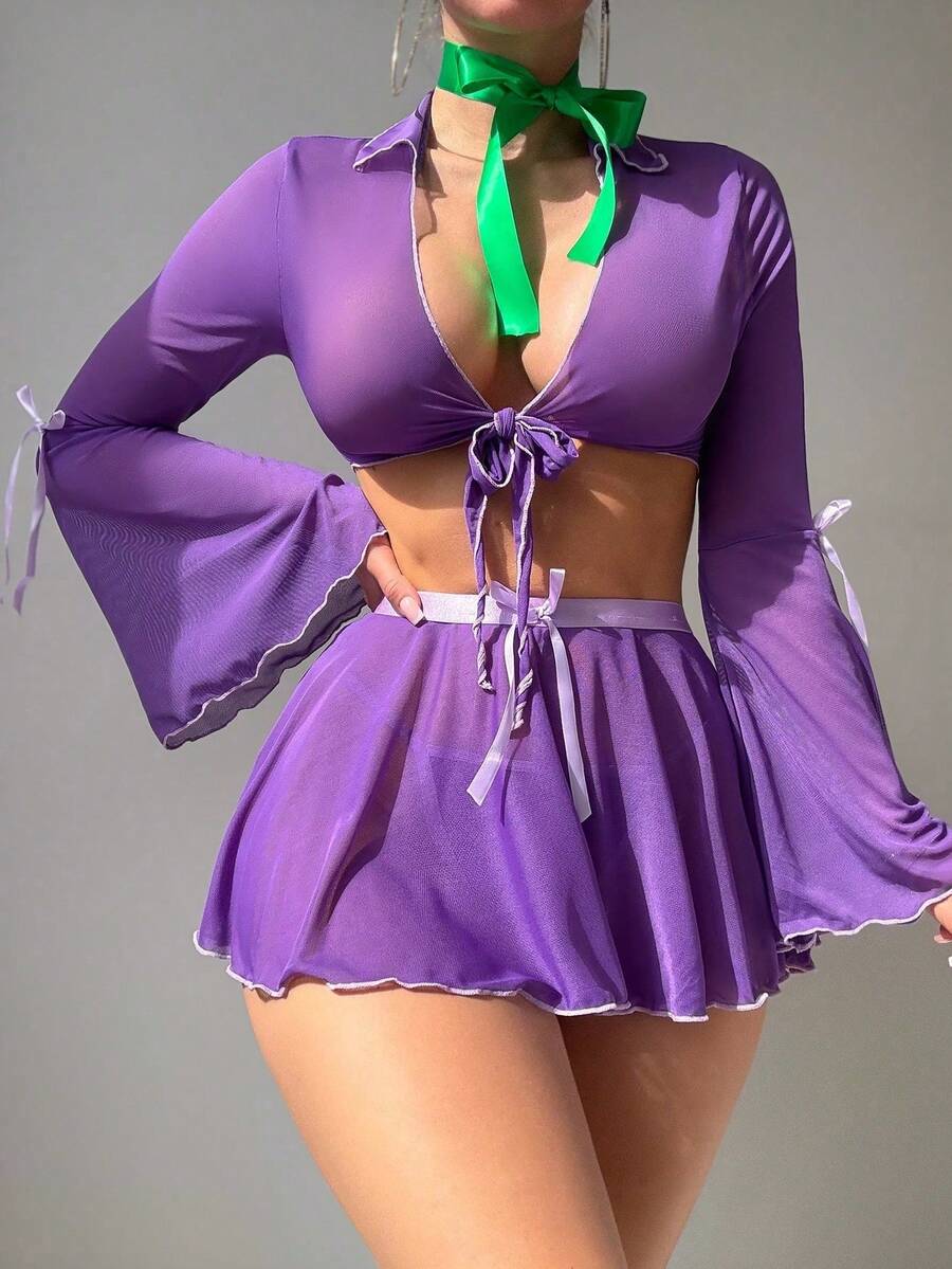 SHEIN 4件套性感紫色网眼喇叭袖荷叶边连衣裙套装（配领带） - 紫色 - 查看 1