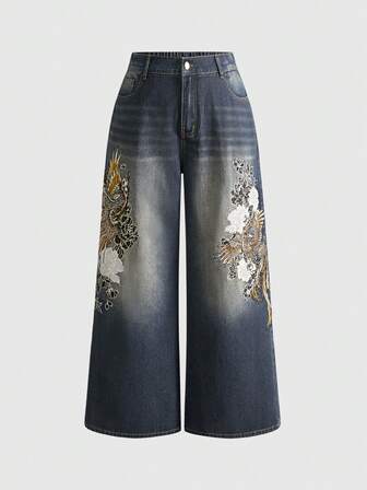 Jeans à jambe large avec broderie florale de style chinois pour femmes grandes tailles