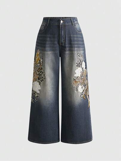 Große Größen Jeans mit weitem Bein und chinesischem Blumenstickerei-Stil für Damen