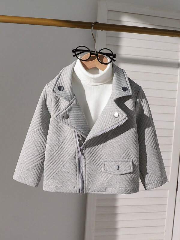 SHEIN Playful Pals Baby Boy Unisex Infant Toddler Textured Plaid Quilted Collar Long Sleeve Jacket, Fashionable & Versatile For Autumn/Winter Fall Baby Boy Biker Jacket Baby Boy Jackets Baby Boy Coats Baby Boy Korean Style Jackets Biker Jacket For Toddler Toddler Winter Coats