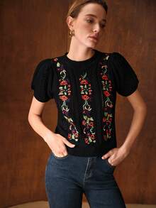 MOTF PREMIUM Áo len dệt kim tay phồng thêu hoa - màu đen - Xem 5