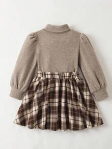 Maija Kids 少女高领泡泡袖T恤和格子百褶裙休闲两件套 - 駝色 - 查看 2