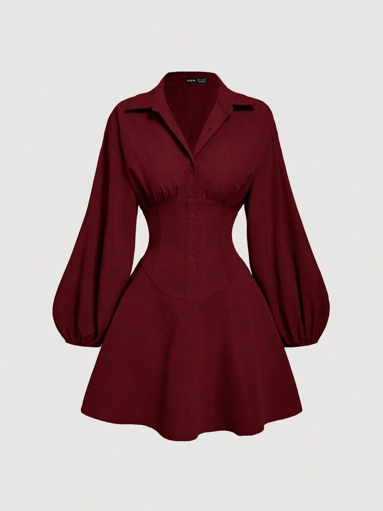 SHEIN MOD Robe chemise à manches longues ajustée bordeaux avec manches bouffantes, chemise oversize pour femmes, chemise boutonnée pour femmes, robe chemise