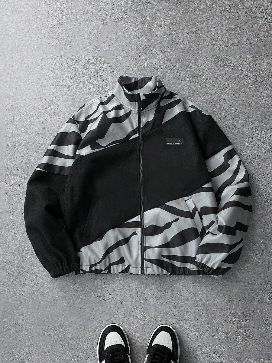 PAVTROS Men's Casual Fashion Street Zebra Print Patchwork Stand Collar Zip-Up Long Sleeve Overcoat, Autumn/Winter Street Wear - Multicolor - View 1