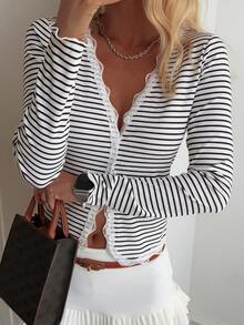 DAZY Striped Lace Ruffle Trim Fitted Cardigan For Women Long Sleeve Women