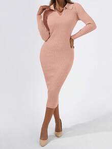 Cloudara Solid Ribbed Knit Sweater Dress - Dusty Pink - View 3