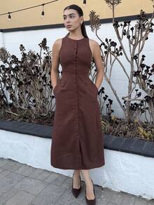 Andrea Bello Women's Round Neck, Single-Breasted, Sleeveless, Brown  Dress - Brown - View 1