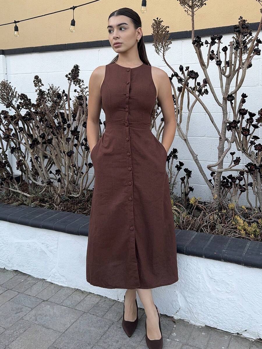 Andrea Bello Women's Round Neck, Single-Breasted, Sleeveless, Brown  Dress - Brown - View 1