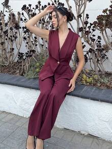 Andrea Bello Conjunto de oficina elegante para ir al trabajo y tomar el té de la tarde, compuesto por una chaqueta blazer sin mangas con cuello y bajo asimétrico, con decoración de hebilla metálica en la cintura, combinada con pantalones de cintura elástica, conjunto de 2 piezas, para primavera/verano