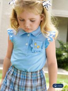 Joliand Joliand 2 件套女婴优雅都市可爱蓝色动物印花口袋 Polo 衫和蓝色格子迷你裙套装，适合日常休闲、外出、聚会、派对、夏季 - 彩色 - 查看 6