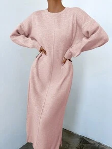 EURMUSE Women's Round Neck Solid Color Drop Shoulder Sweater Dress - Pink - View 6