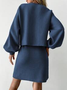 EURMUSE 2 件套女式毛衣套装，休闲简约套头衫和裤子，日常穿着 - 藏蓝色 - 查看 2