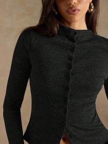 SHEIN BAE Kaos Wanita Kasual Polos dengan Kancing Depan, Musim Gugur, Pakaian Musim Gugur untuk Wanita - Hitam - View 7