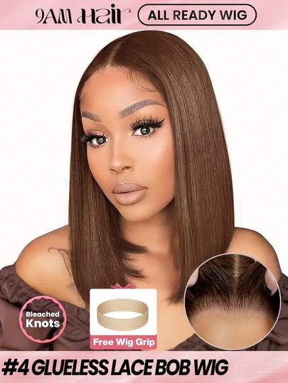 ALL READY WIG Glueless Bob Wig Human Hair Lace Wigs For Women #4 Brown Pre Bleached Pre Plucked Pre-Cut Lace Melting 4x4 Lace Closure Glueless Wigs With Front Hair 100% Human Hair 9AM HAIR