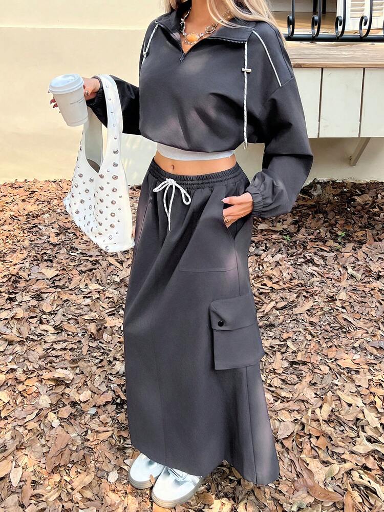Women's Autumn Dolman Sleeve Zip-Up Half Placket Top And Cargo Pocket A-Line Skirt 2 Pieces Set Hoodie