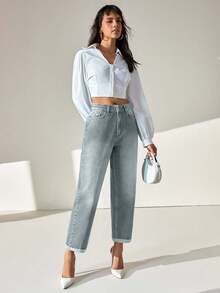 CLARA VERO High Waist Folded Hem Loose Mom Jean - Baby Blue - View 6