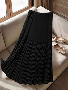 SHEIN Tall CURVE 大码女式纯色松紧腰百褶休闲裙 - 黑色 - 查看 2
