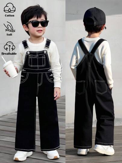 SHEIN 男童撞色缝线黑色牛仔背带裤