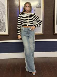 Cioccolato 女士时尚蓝色直筒牛仔裤，带珍珠和口袋 - 藍色 - 查看 5