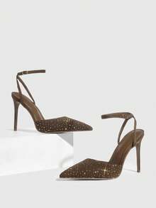 CUCCOO SZL Champagne Satin Color Block Rhinestone Embellished Pointed Toe Stiletto Hollow Out Formal Pumps