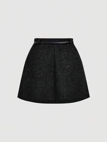 SHEIN MOD 高腰金属腰带A字针织羊毛面料半身裙，秋冬 - 黑色 - 查看 2