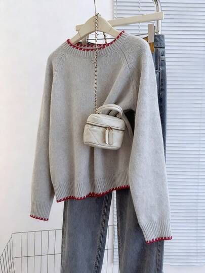 Franclia Casual Loose Fit Round Neck Long Sleeve Knitted Contrast Trim Raglan Sleeve Apricot Women Pullover Sweater, Spring/Autumn