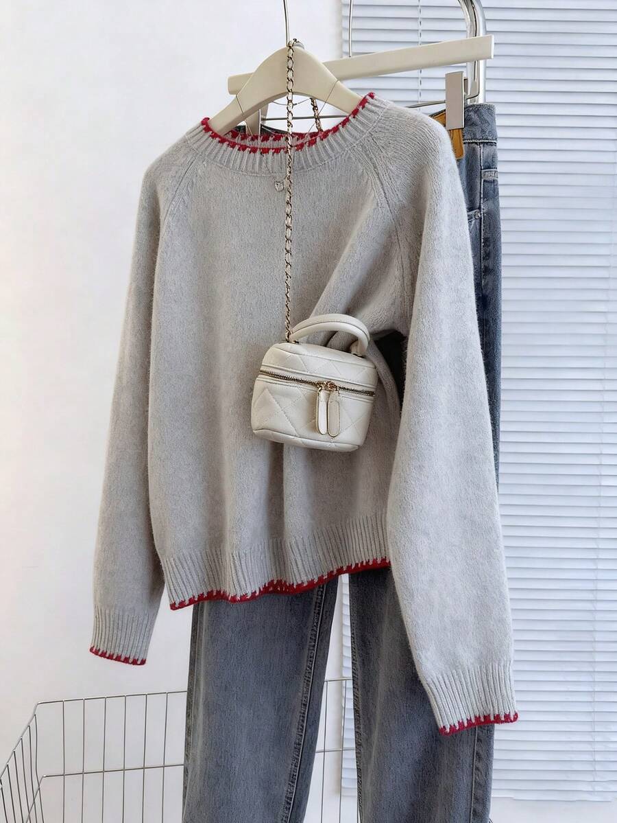 Franclia Casual Loose Fit Round Neck Long Sleeve Knitted Contrast Trim Raglan Sleeve Apricot Women Pullover Sweater, Spring/Autumn
