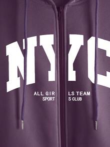 SHEIN 女士连帽拉链卫衣，字母图案，休闲外套，适合教师、返校、毕业、日常穿着、冬季外套，时尚百搭，女士连帽长袖卫衣 - 紫色 - 查看 6