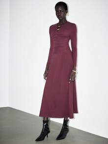 SHEIN Luminelle Women's Casual Solid Color V-Neck Pleated Fitted Long Sleeve T-Shirt And Mini Skirt 2 Pieces Set, Spring/Autumn Long Sleeve Top Ruched Top Fitted Tops