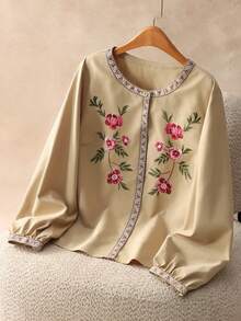 Elaquor Damen Große Größen Bluse mit floraler Stickerei, Rundhalsausschnitt, Ballonärmel, lässig und locker geschnitten - Khaki - Übersicht 1