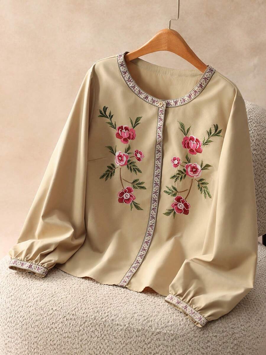 Elaquor Damen Große Größen Bluse mit floraler Stickerei, Rundhalsausschnitt, Ballonärmel, lässig und locker geschnitten - Khaki - Übersicht 1