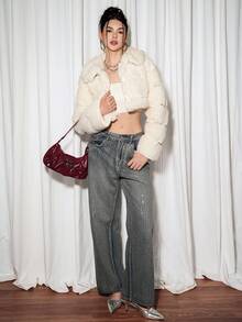 Sweetina Women's Lady-Like Party Style Cropped Long Sleeve Faux Fur Casual Pullover, Autumn/Winter - White - View 5