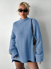 EURMUSE Women's Turtleneck Drop Shoulder High low Hem Sweater - Baby Blue - View 7