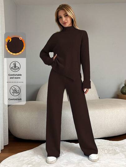 Set de 2 piezas de top de manga larga con cuello alto y pantalón de longitud completa para mujer