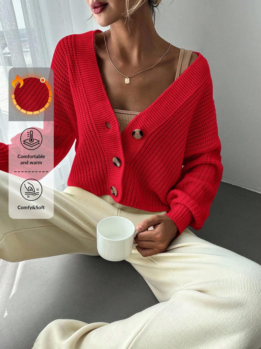 EURMUSE Women's Casual Solid Color Cardigan, Versatile For Autumn/Winter - Red - View 1